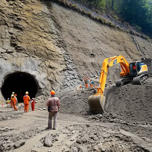 工人们正在修建一条穿过山体的隧道。