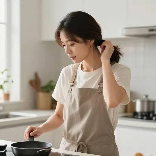 她做饭前会把头发扎起来。