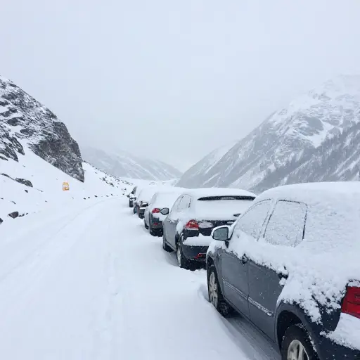 几名驾车者被大雪困在山口。