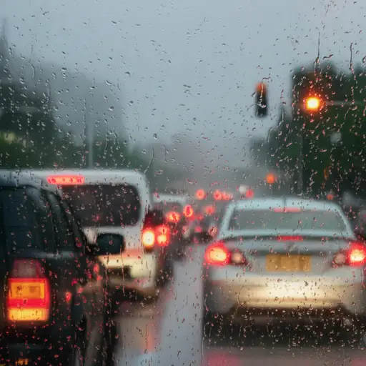 大雨导致了交通堵塞。