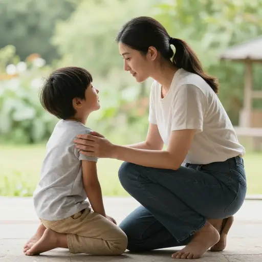 她跪在孩子旁边。
