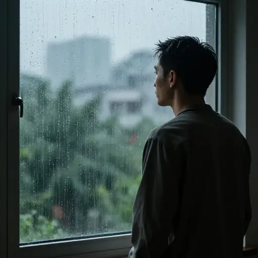 他选择逗留在窗边，看着雨持续落下。