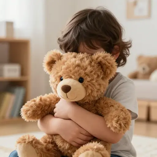 这个幼儿感到害羞时，经常把脸埋在他最喜欢的泰迪熊里。