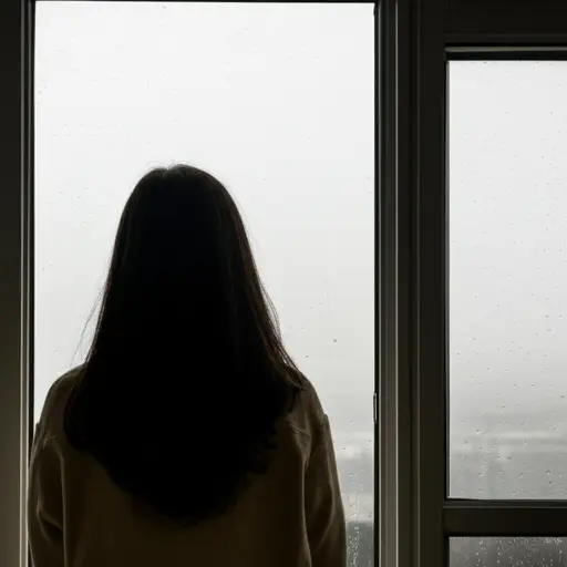 她静静地站在窗前，看着外面的雨。