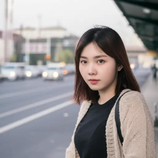 那个年轻女人正在等公交车。