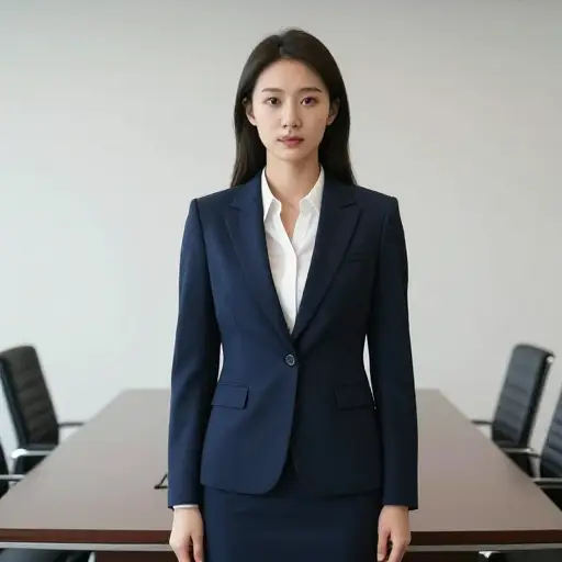 她为会议穿了一件深蓝色西装。