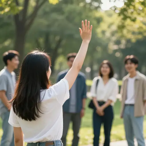 他一眼就认出了她，因为她正在向朋友们挥手。