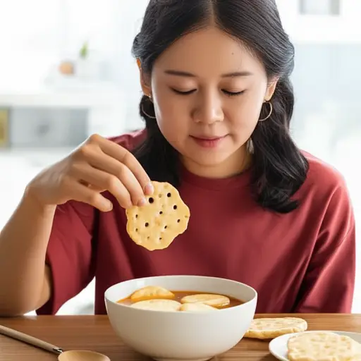 她拿了几块饼干配汤当午餐。