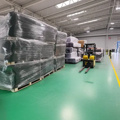 这家家具店在仓库里存放了很多未售出的沙发。