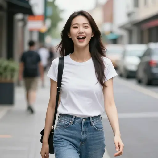 她一边走路一边唱歌。