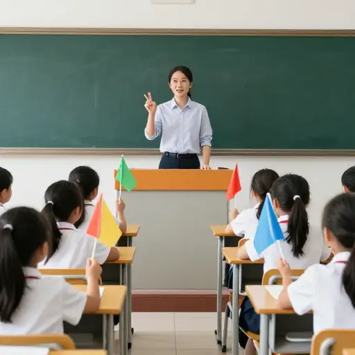 老师发出信号后，孩子们都举起了他们的旗帜。
