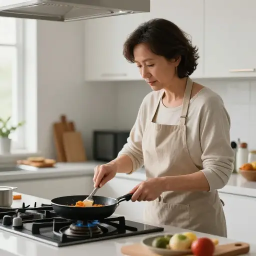 我妈妈在厨房，她正在做饭。