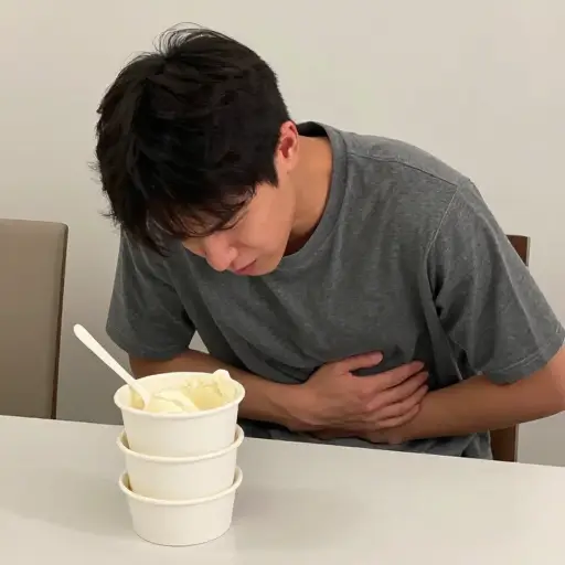 我真不该吃这么多冰淇淋，现在胃好难受。