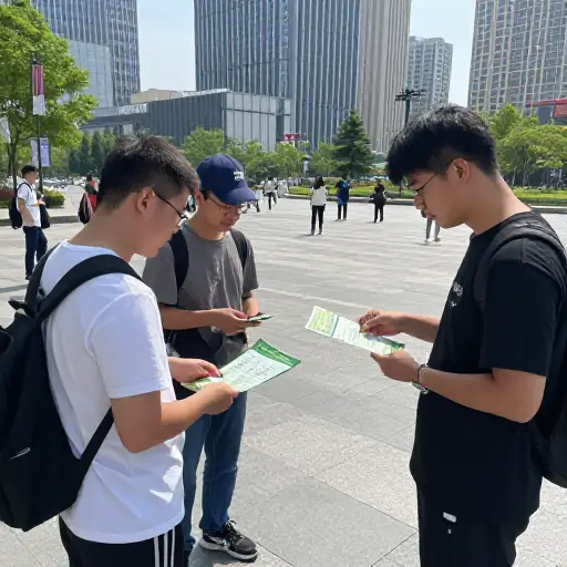 活动人士在市中心广场分发关于环境保护的传单。