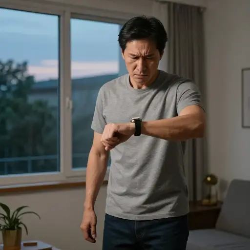 他不停地踱来踱去，不时看看手表。