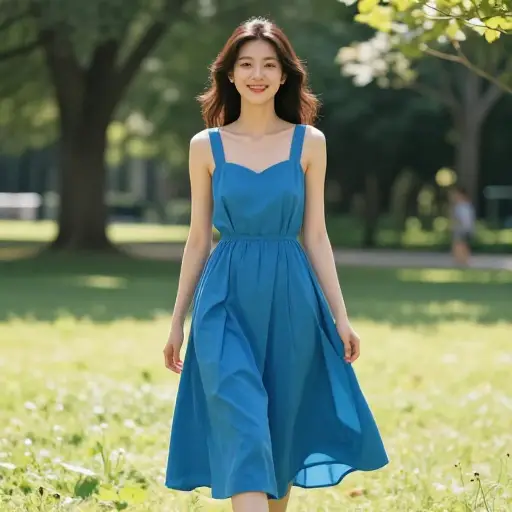 她穿了一件漂亮的蓝色连衣裙。
