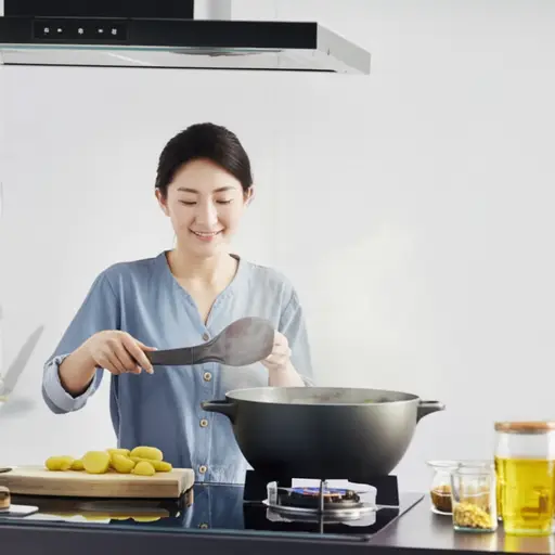 她正在锅里煮土豆。