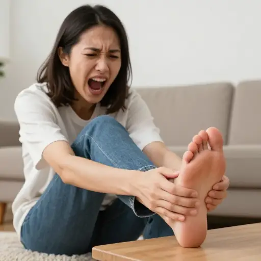 她踢到脚趾时，疼得发出一声尖叫。