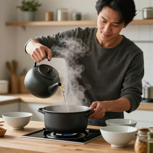 他小心地将热汤倒入壶中，然后分到碗里。