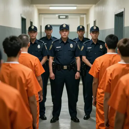 五名狱警看守着囚犯。