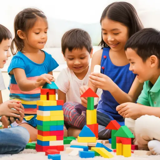 孩子们正在用积木搭建一座塔。