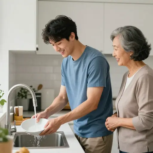 他是个好女婿，总是帮忙做家务。