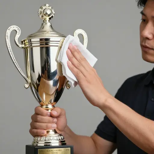 他用布把银质奖杯擦得闪亮。