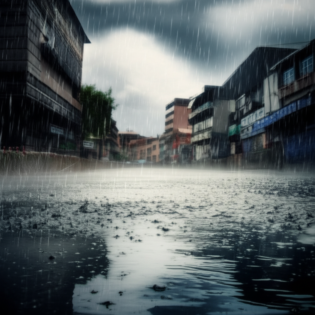 阴沉的天空下着大雨。