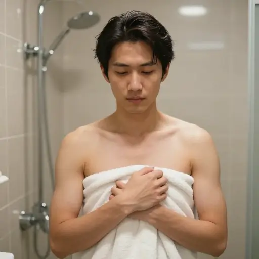 几秒钟后，我镇定下来，再次用毛巾裹住自己。