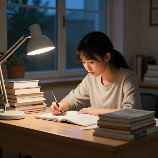 她为考试拼命学习。