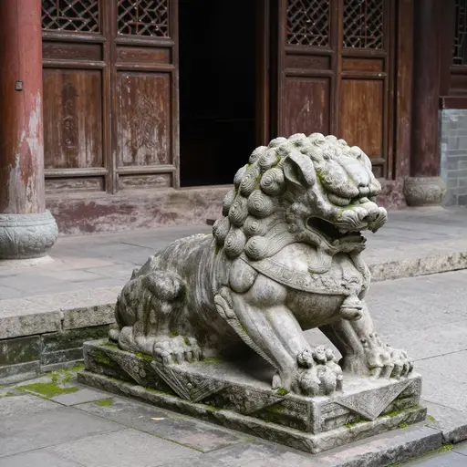 庙门口横卧着一尊古老的石狮雕像，被数百年的雨水冲刷得光滑圆润。
