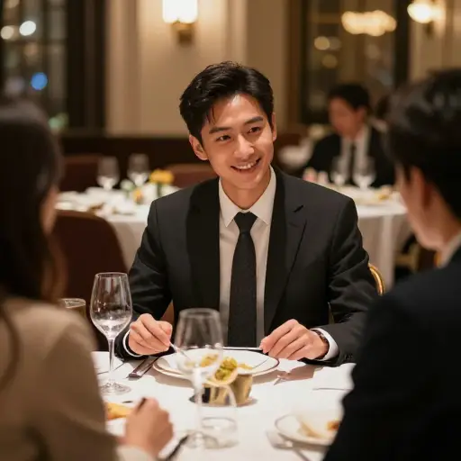 在整个正式晚宴上，他文雅的举止显而易见。