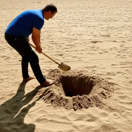 他用铲子在沙地上挖了一个洞。