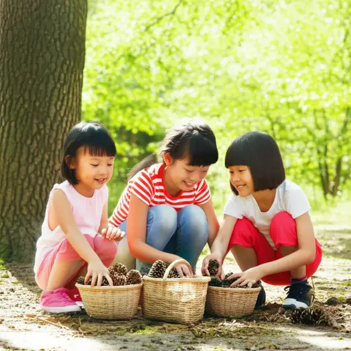 孩子们在森林里捡松果做手工。