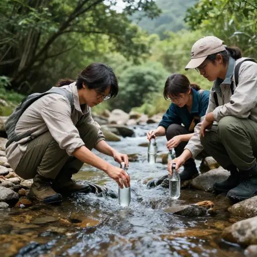 从溪流中取的水样本被分析以检测化学污染物。
