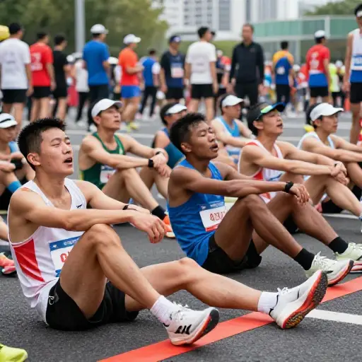 跑完马拉松后，运动员们都完全精疲力竭了。