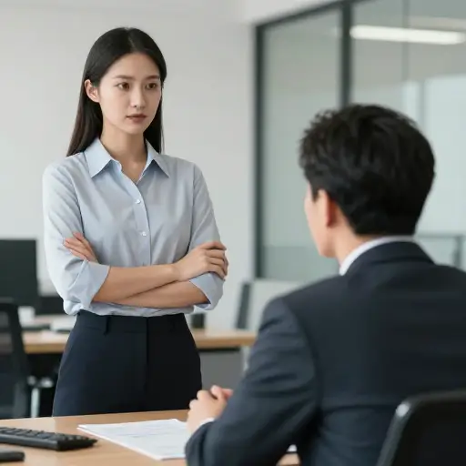 她鼓起勇气面对老板，就不公平待遇提出质疑。
