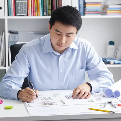 建筑师正在办公室研究新建筑的设计蓝图。