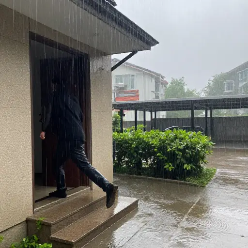 我刚出门就开始下大雨了。