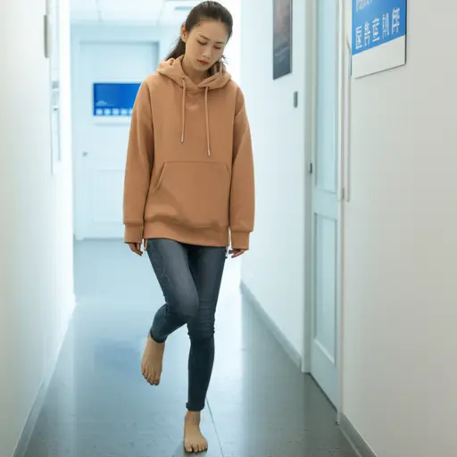 她的脚踝受伤后，只能一瘸一拐地走向医务室。