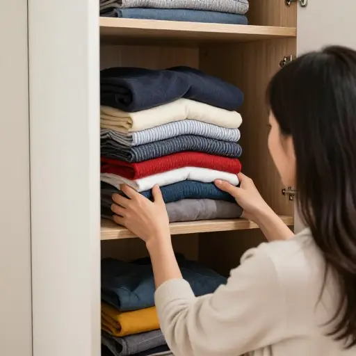 她把叠得整整齐齐的一堆衣服整理进衣柜。