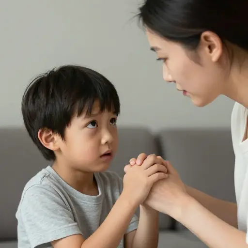 出于恐惧，他紧紧抓住母亲的手。