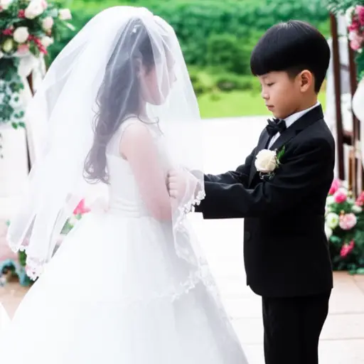 婚礼上，那个小侍从小心翼翼地捧着新娘的头纱。