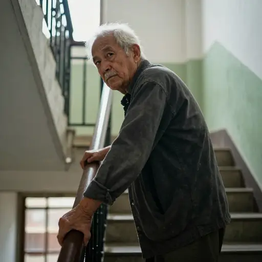 那位正在上楼的老人停下来，非常怀疑地看着我们。