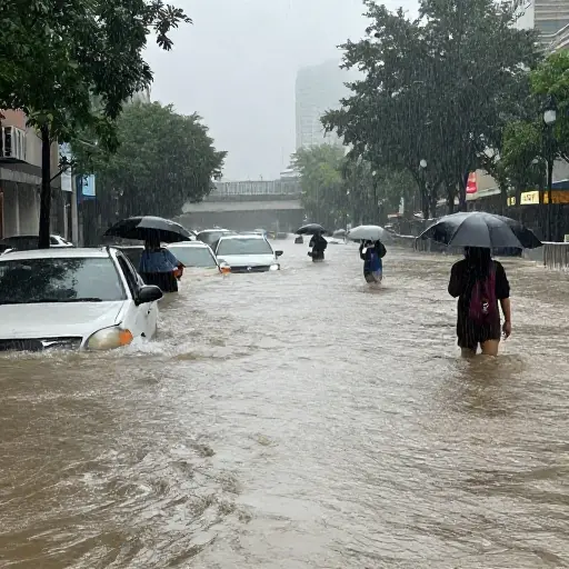 大雨导致了城市洪水。