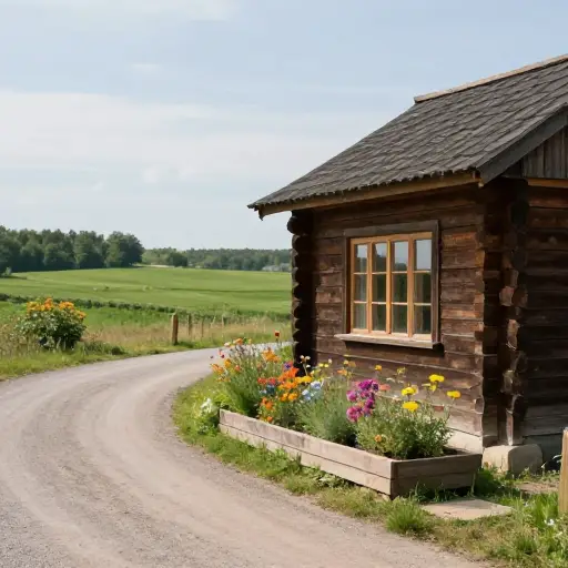 小屋前一个朴素的花坛为这乡村景色增添了一抹色彩。