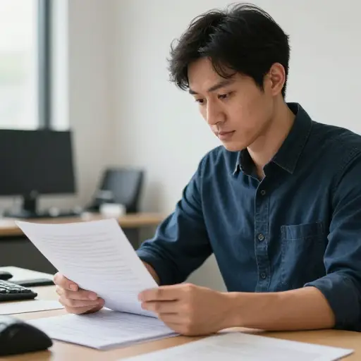 他快速扫视文件，寻找一个具体的名字。