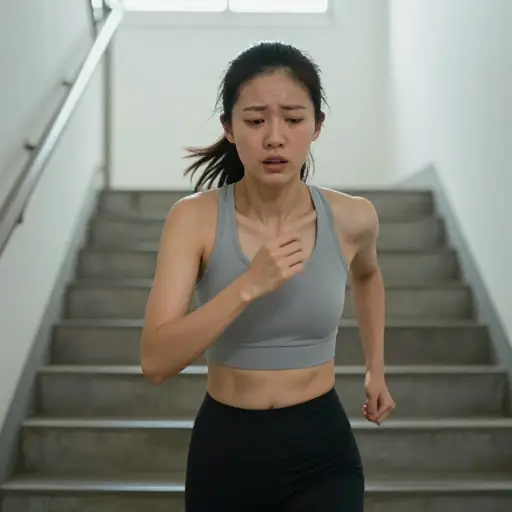 她跑上楼梯，上气不接下气。