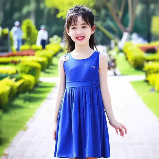我妹妹穿着一条蓝色的裙子。