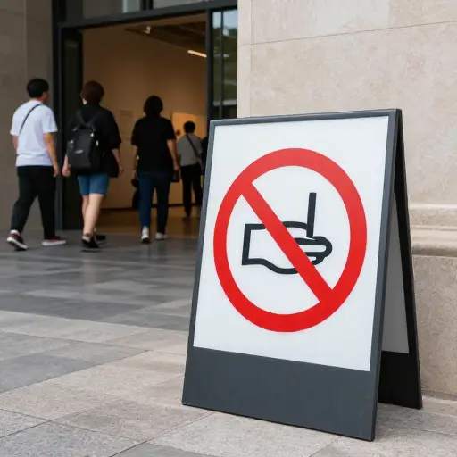 博物馆入口处立着醒目的警示牌，提醒参观者遵守规定。